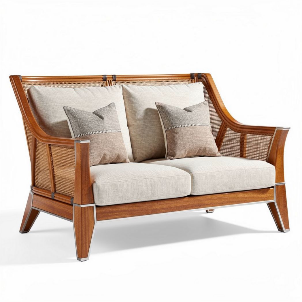 Sofa z drewna w kolorze brązowym z poduszkami 150 x 80 x 90cm