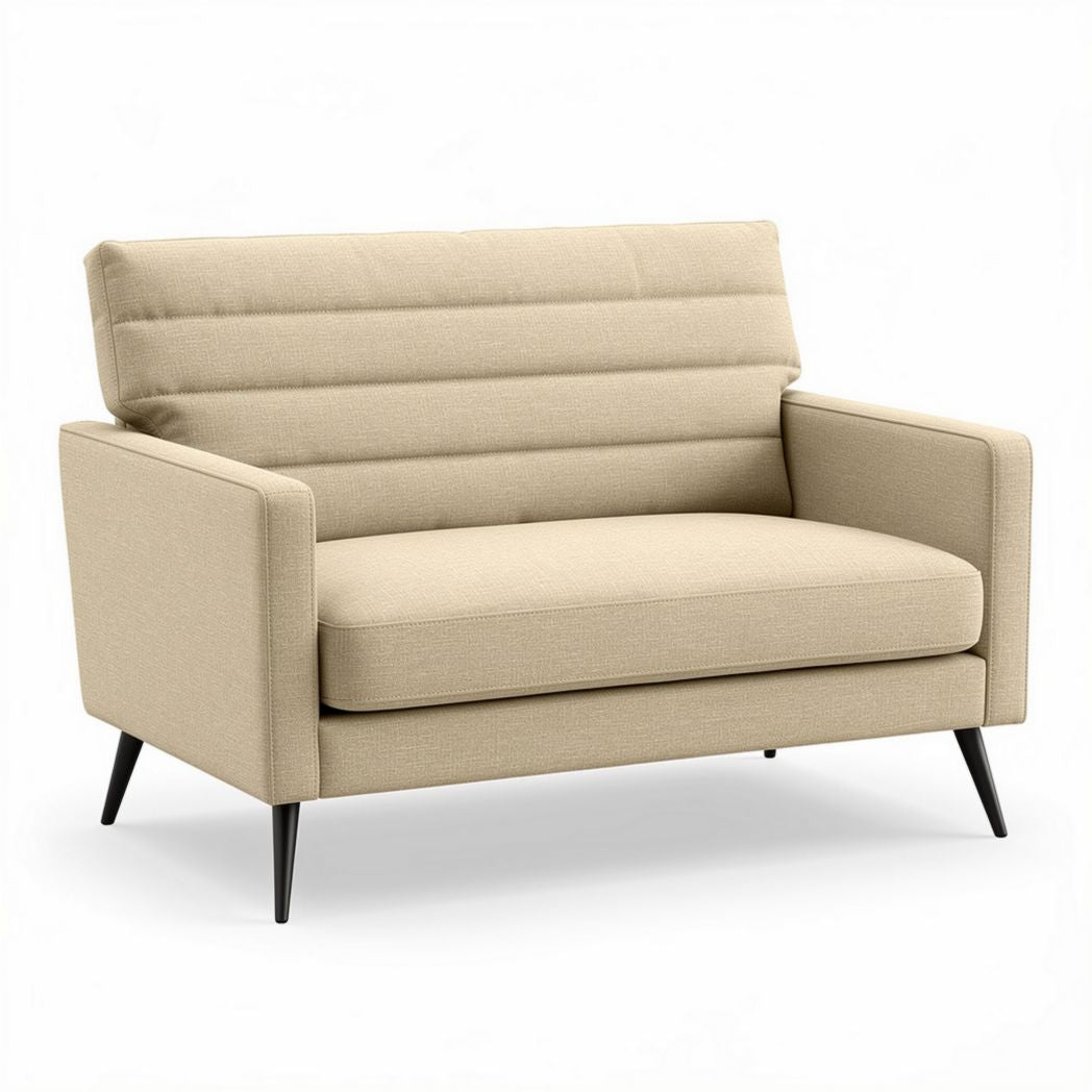 Beżowa sofa dwuosobowa z tkaniny o wymiarach 150 x 80 x 80cm